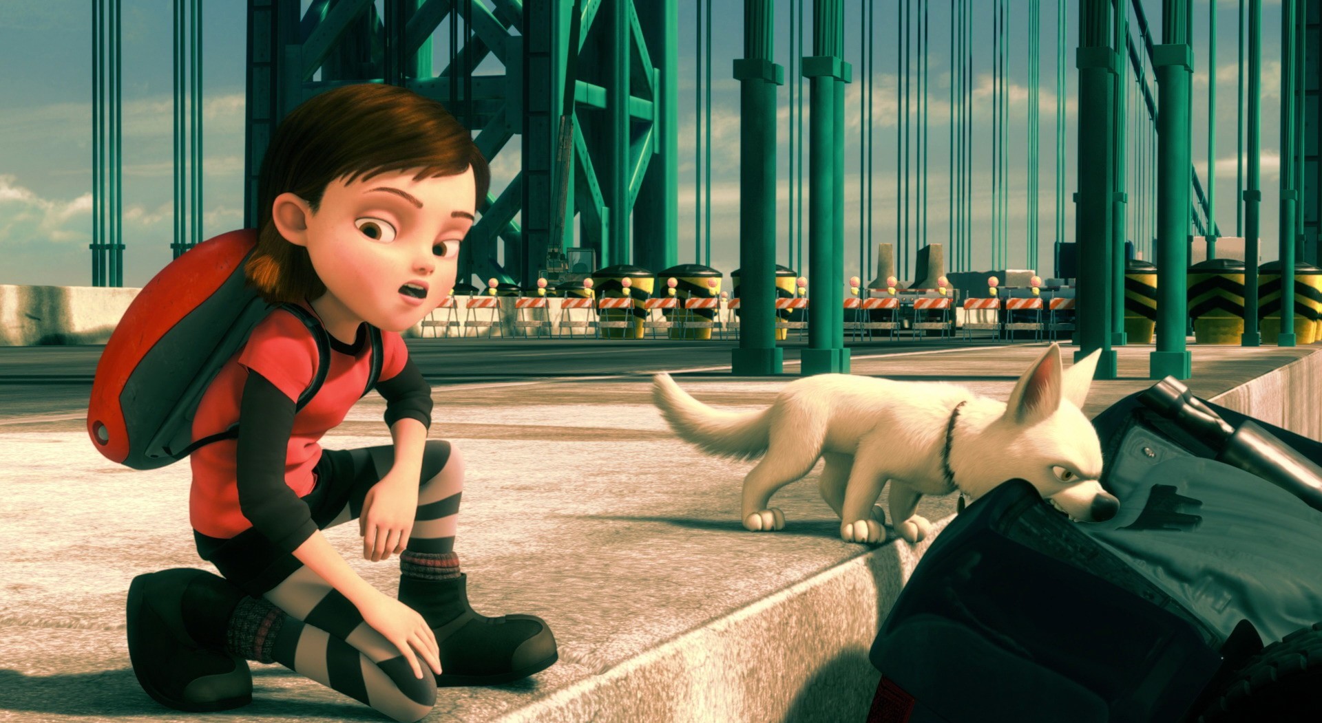 Penny and Bolt on a bridge in Disney's Bolt