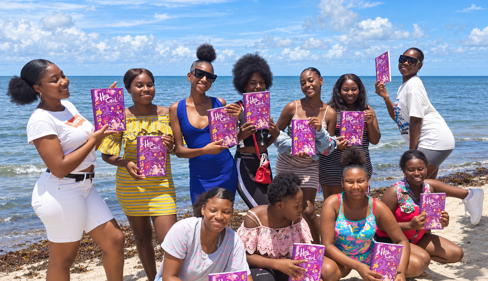 Girls in Belize holding copies of Hey Girl by the sea